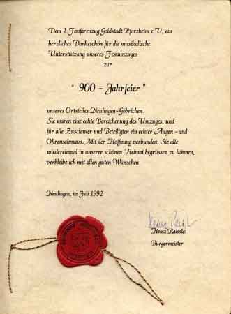 Eintrag des Neulinger B�rgermeisters im Rahmen der 900-Jahrfeier von G�brichen 1992